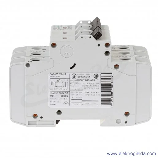 Wyłącznik nadprądowy 102254, FAZ-C32/3-NA, 3P, typ C, 32A, 15kA Wyłącznik nadprądowy 102254, FAZ-C32/3-NA, 3P, typ C, 32A, 15kA