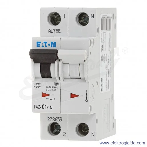 Wyłącznik nadprądowy 278659, FAZ-C1/1N, 1+N, typ C, 1A, 15kA, 230VAC Wyłącznik nadprądowy 278659, FAZ-C1/1N, 1+N, typ C, 1A, 15kA, 230VAC