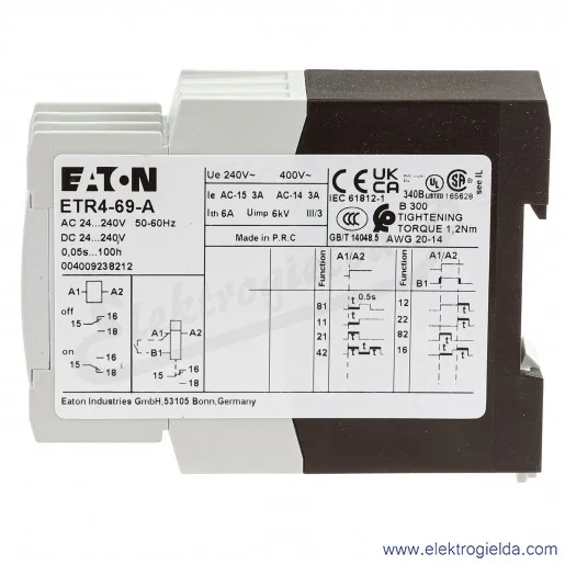 Przekaźnik czasowy 031891, ETR4-69-A, 0.05s-100h, 24-240VAC/DC, 3A, 1 styk przemienny Przekaźnik czasowy 031891, ETR4-69-A, 0.05s-100h, 24-240VAC/DC, 3A, 1 styk przemienny