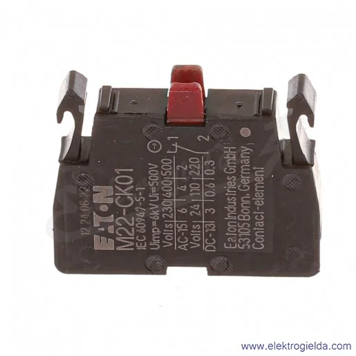 Styk pomocniczy 216385, M22-CK01, 1NC, 6A, montaż czołowy, zaciski sprężynowe Styk pomocniczy 216385, M22-CK01, 1NC, 6A, montaż czołowy, zaciski sprężynowe