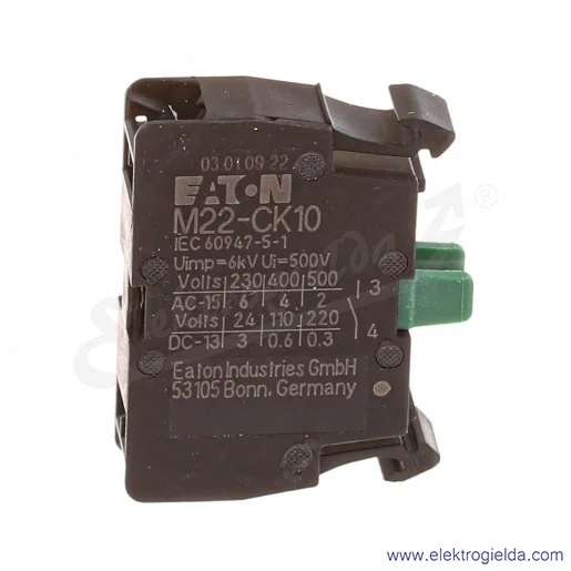 Styk pomocniczy 216384, M22-CK10, 1NO, 6A, montaż czołowy, zaciski sprężynowe Styk pomocniczy 216384, M22-CK10, 1NO, 6A, montaż czołowy, zaciski sprężynowe