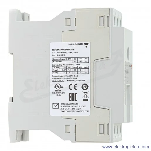 Przekaźnik półprzewodnikowy RGCM3A60D15GKE napięcie sterujące 4-32VDC, 20A, 42..600VAC Przekaźnik półprzewodnikowy RGCM3A60D15GKE napięcie sterujące 4-32VDC, 20A, 42..600VAC