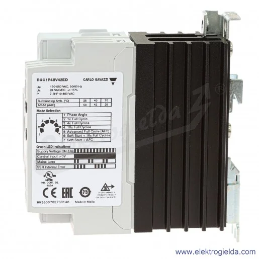 Przekaźnik półprzewodnikowy RGC1P48V42ED z radiatorem, 10VDC, 43A, 190..550V Przekaźnik półprzewodnikowy RGC1P48V42ED z radiatorem, 10VDC, 43A, 190..550V