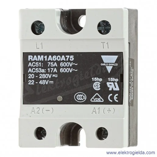 Przekaźnik półprzewodnikowy RAM1A60A75, napięcie sterujące 22-48VDC 20-280VAC, 75A, 42..660VAC