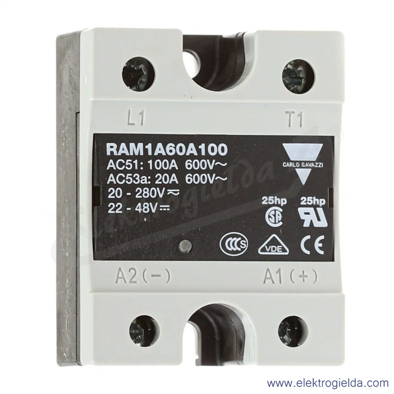 Przekaźnik półprzewodnikowy RAM1A60A100 napięcie sterujące 22-48VDC 20-280VAC, 100A, 42..660VAC