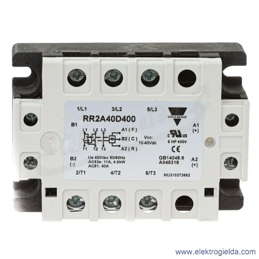 Przekaźnik półprzewodnikowy nawrotny RR2A40D400 4KW, 10-40VDC, 11A, 40..440VAC, 2 fazowy
