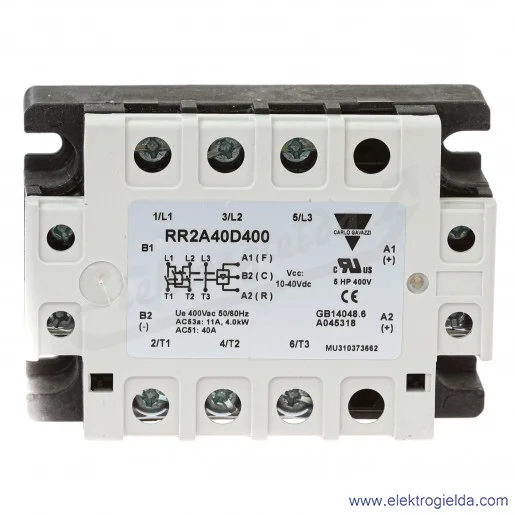 Przekaźnik półprzewodnikowy nawrotny RR2A40D400 4KW, 10-40VDC, 11A, 40..440VAC, 2 fazowy Przekaźnik półprzewodnikowy nawrotny RR2A40D400 4KW, 10-40VDC, 11A, 40..440VAC, 2 fazowy