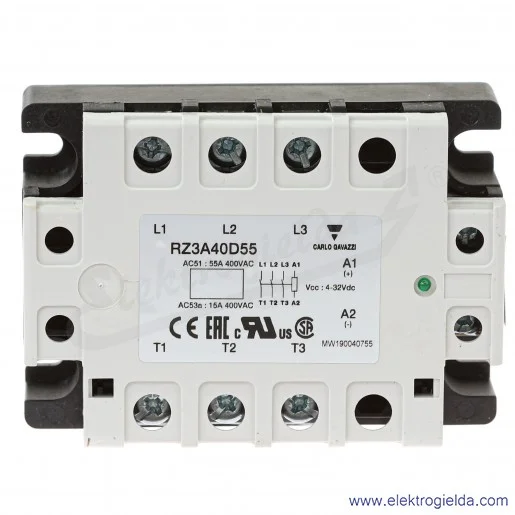 Przekaźnik półprzewodnikowy RZ3A40D55, 4-32VDC, 55A, 24..440VAC Przekaźnik półprzewodnikowy RZ3A40D55, 4-32VDC, 55A, 24..440VAC