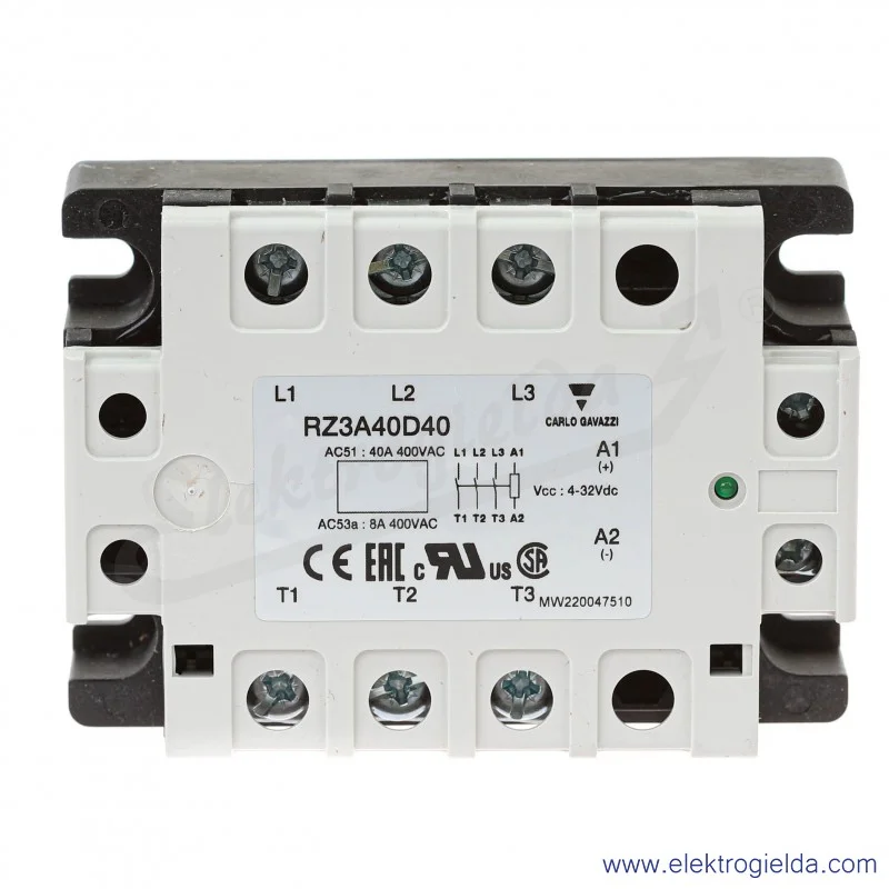 Przekaźnik półprzewodnikowy RZ3A40D40, 4-32VDC, 40A, 24..440VAC, 3 fazowy