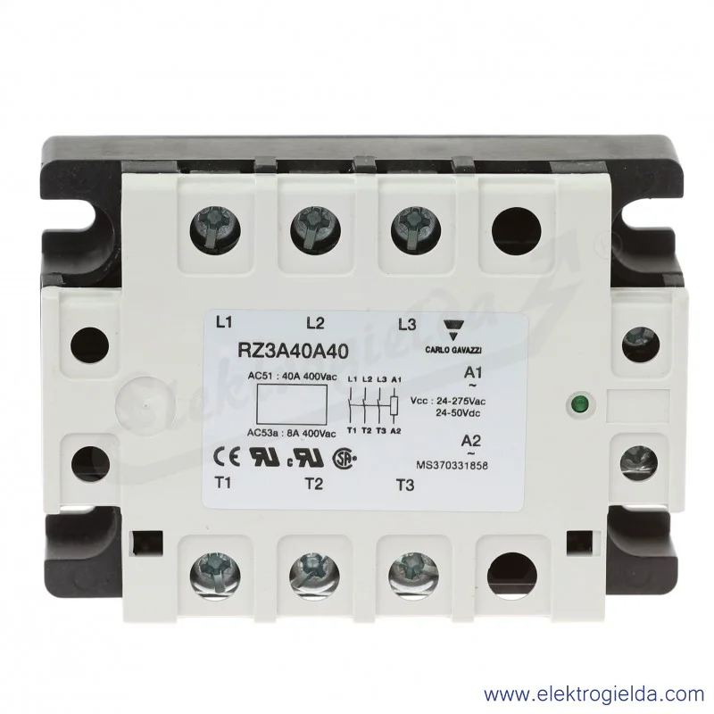 Przekaźnik półprzewodnikowy RZ3A40A40, 24-50VDC, 40A, 24..440VAC, 3-fazowy Przekaźnik półprzewodnikowy RZ3A40A40, 24-50VDC, 40A, 24..440VAC, 3-fazowy