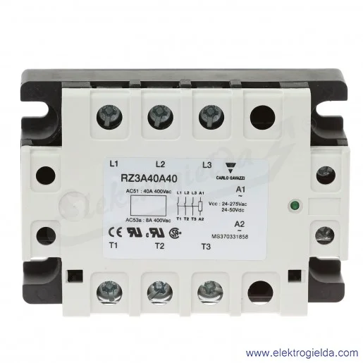 Przekaźnik półprzewodnikowy RZ3A40A40, 24-50VDC, 40A, 24..440VAC, 3-fazowy Przekaźnik półprzewodnikowy RZ3A40A40, 24-50VDC, 40A, 24..440VAC, 3-fazowy