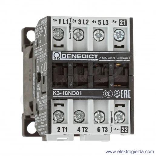 Stycznik BE-K3-18ND01-230, 3-polowy, 7,5kW, 18A, 230VAC, 1NC Stycznik BE-K3-18ND01-230, 3-polowy, 7,5kW, 18A, 230VAC, 1NC