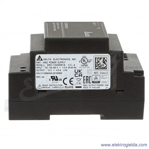Zasilacz DRC-12V60W1AZ, 12V 4.5A, 60W, zasilanie 90..264VAC lub 125..375VDC Zasilacz DRC-12V60W1AZ, 12V 4.5A, 60W, zasilanie 90..264VAC lub 125..375VDC