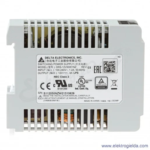 Zasilacz DRS-12V50W1NR, 12V 4.20A, 50W, zasilanie 85..264VAC lub 120..375VDC Zasilacz DRS-12V50W1NR, 12V 4.20A, 50W, zasilanie 85..264VAC lub 120..375VDC