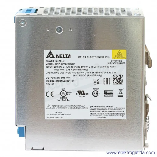 Zasilacz DRP-024V240W2BN, 24VDC 10A, 240W, zasilanie 1x180-305VAC i 254..780VDC Zasilacz DRP-024V240W2BN, 24VDC 10A, 240W, zasilanie 1x180-305VAC i 254..780VDC