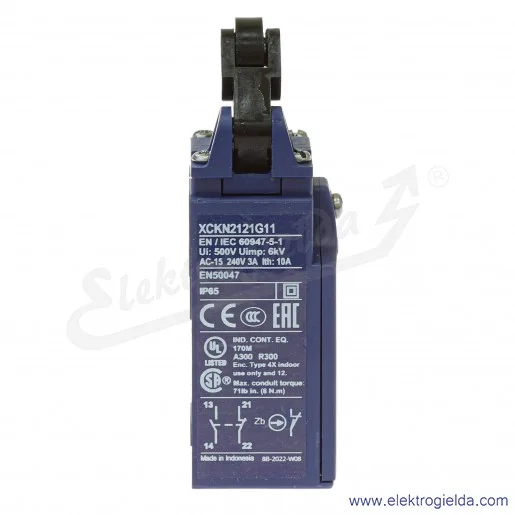 Wyłącznik krańcowy XCKN2121G11 1NO1NC, trzpień wciskany z rolką kątową Wyłącznik krańcowy XCKN2121G11 1NO1NC, trzpień wciskany z rolką kątową