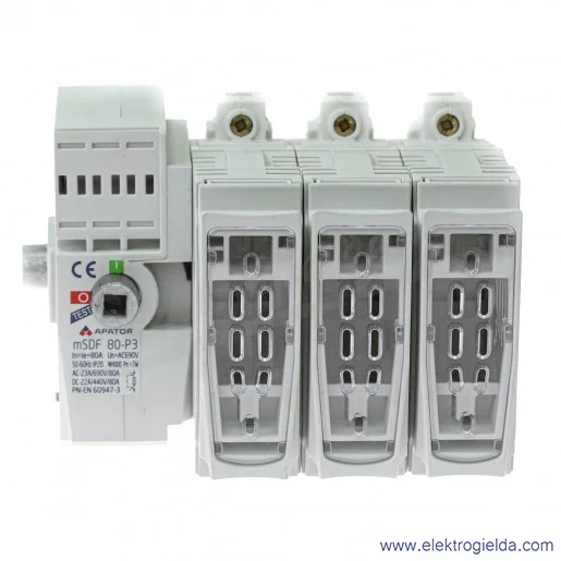 Rozłącznik izolacyjny 63-002264-002, mSDF 80-P3-E 80A, 3P do montażu na płytę i szynę TH 35, do wkładek topikowych 000 Rozłącznik izolacyjny 63-002264-002, mSDF 80-P3-E 80A, 3P do montażu na płytę i szynę TH 35, do wkładek topikowych 000