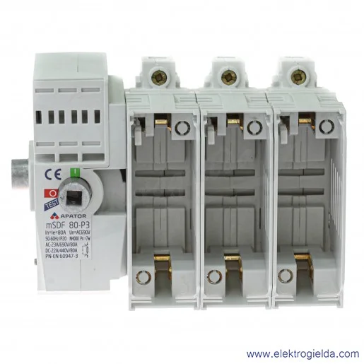 Rozłącznik izolacyjny 63-002264-002, mSDF 80-P3-E 80A, 3P do montażu na płytę i szynę TH 35, do wkładek topikowych 000 Rozłącznik izolacyjny 63-002264-002, mSDF 80-P3-E 80A, 3P do montażu na płytę i szynę TH 35, do wkładek topikowych 000