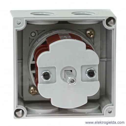 4G25-10-PK S6 /0-1/ 25A 3P Łącznik krzywkowy 3-fazowy z czerwonym pokrętłem zamykany na kłódkę w pozycji "0" z osłoną styków w o 4G25-10-PK S6 /0-1/ 25A 3P Łącznik krzywkowy 3-fazowy z czerwonym pokrętłem zamykany na kłódkę w pozycji "0" z osłoną styków w o