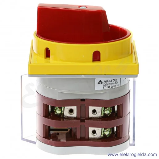 4G40-10-U S25 /0-1/ 40A 3P Łącznik krzywkowy 3-fazowy z czerwonym pokrętłem zamykany na kłódkę w pozycji "0" z osłoną styków bez 4G40-10-U S25 /0-1/ 40A 3P Łącznik krzywkowy 3-fazowy z czerwonym pokrętłem zamykany na kłódkę w pozycji "0" z osłoną styków bez