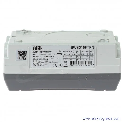 Rozłącznik bezpieczeństwa 2CMA142440R1000, BWS316FTPN, 16A, 3P, 7.5kW, w obudowie, IP65, szary Rozłącznik bezpieczeństwa 2CMA142440R1000, BWS316FTPN, 16A, 3P, 7.5kW, w obudowie, IP65, szary