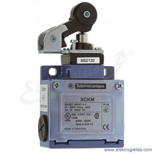 Wyłącznik krańcowy XCKM121, 2P 1NC+1NO migowe, dźwignia z rolką Wyłącznik krańcowy XCKM121, 2P 1NC+1NO migowe, dźwignia z rolką