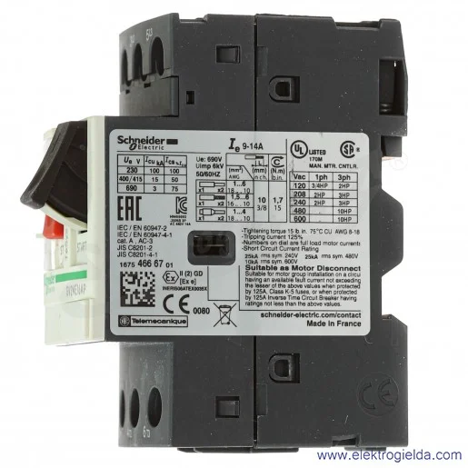 Wyłącznik silnikowy GV2ME16AP, 3P, 9-14A, 5.5kW, termomagnetyczny Wyłącznik silnikowy GV2ME16AP, 3P, 9-14A, 5.5kW, termomagnetyczny