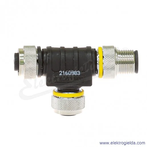 Trójnik 6930573, VT2-FKM5-FKM5-FSM5, typu T, bez przewodów, 1x złącze męskie M12 - 2 x złącze żeńskie M12 Trójnik 6930573, VT2-FKM5-FKM5-FSM5, typu T, bez przewodów, 1x złącze męskie M12 - 2 x złącze żeńskie M12