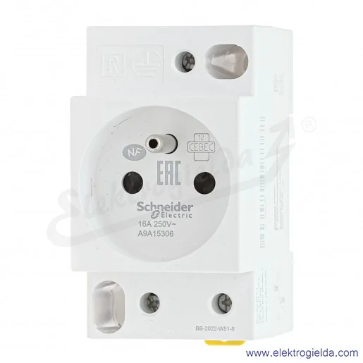 Gniazdo z bolcem A9A15306 IPC 2P+E 10/16A 250V na szynę TS35, Acti9 Gniazdo z bolcem A9A15306 IPC 2P+E 10/16A 250V na szynę TS35, Acti9