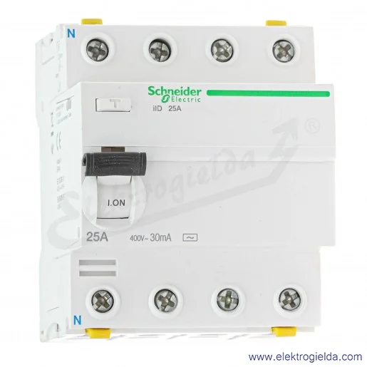 Wyłącznik różnicowo-prądowy A9Z11425, iID 4P, 25A, 30mA, typ AC Wyłącznik różnicowo-prądowy A9Z11425, iID 4P, 25A, 30mA, typ AC