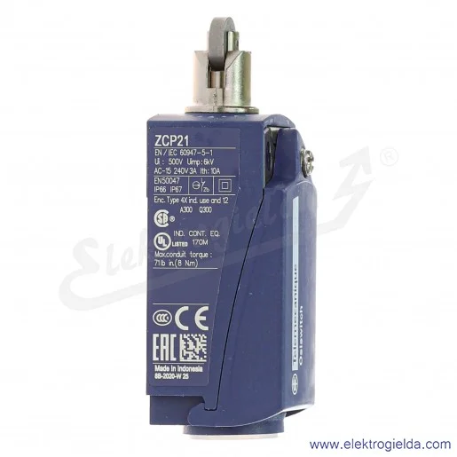 Wyłącznik krańcowy XCKP2102P16 1NO+1NC, plastikowy, rolka metalowa na trzpieniu Wyłącznik krańcowy XCKP2102P16 1NO+1NC, plastikowy, rolka metalowa na trzpieniu