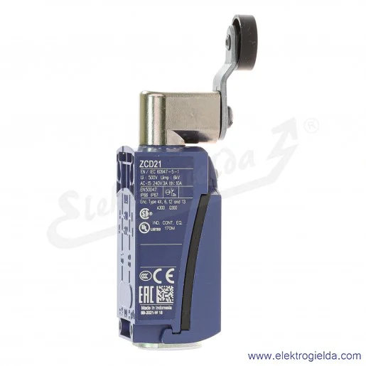 Łącznik krańcowy XCKD2118G11 1NO+1NC, krótka dźwignia z rolką plastikową, wyjście dławikowe PG11 Łącznik krańcowy XCKD2118G11 1NO+1NC, krótka dźwignia z rolką plastikową, wyjście dławikowe PG11