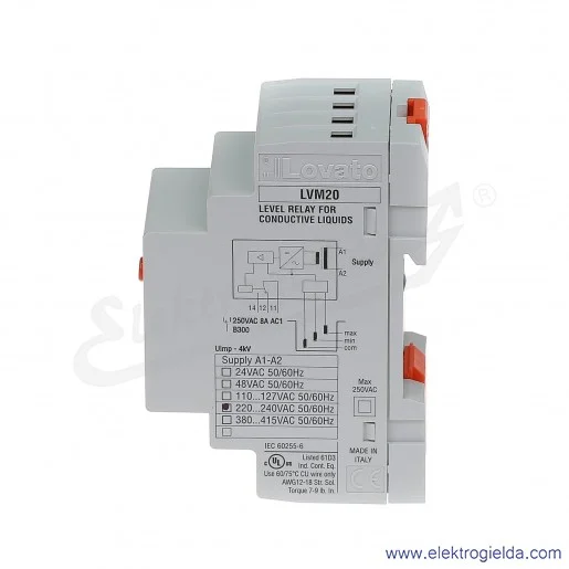 Przekaźnik kotroli poziomu LVM20A240 Uz 220...240VAC, styk 1C/O, regulowana czułość 2,5...50kOhm Przekaźnik kotroli poziomu LVM20A240 Uz 220...240VAC, styk 1C/O, regulowana czułość 2,5...50kOhm