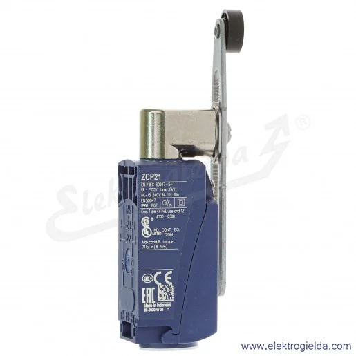 Wyłącznik krańcowy XCKP2145G11, 1NO1NC migowy, dźwignia kątowa regulowana z rolką z tworzywa Wyłącznik krańcowy XCKP2145G11, 1NO1NC migowy, dźwignia kątowa regulowana z rolką z tworzywa