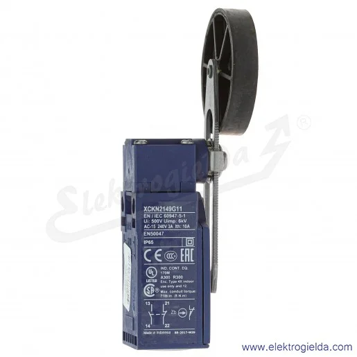 Wyłącznik krańcowy XCKN2149G11 1NO1NC, plastikowy, długa regulowana dźwignia z rolką fi 50mm Wyłącznik krańcowy XCKN2149G11 1NO1NC, plastikowy, długa regulowana dźwignia z rolką fi 50mm