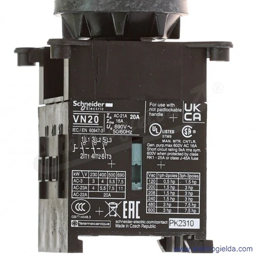 Rozłącznik główny VCDN20 bezpieczeństwa, 3P, na drzwi, 20A, IP65, do wbudowania Rozłącznik główny VCDN20 bezpieczeństwa, 3P, na drzwi, 20A, IP65, do wbudowania