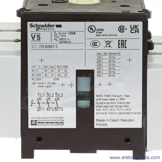 Rozłącznik główny VCF5 bezpieczeństwa 125A, 37kW, montaż na drzwiach Rozłącznik główny VCF5 bezpieczeństwa 125A, 37kW, montaż na drzwiach