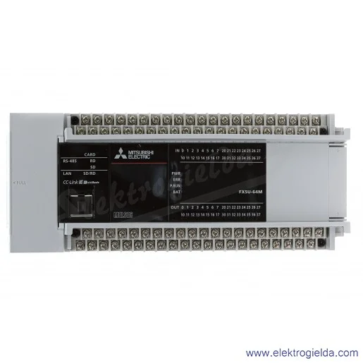 Sterownik PLC 280494, FX5U-64MT/ESS CPU 100-240VAC, 32 wejścia, 32 wyjścia tranzystorowe, 2 wejścia analogowe, Ethernet, RS485