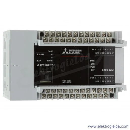 Sterownik PLC 297438, FX5U-32MT/DSS CPU 24VDC, 16 wejść, 16 wyjść tranzystorowych, 3 wyjścia analogowe,RS485