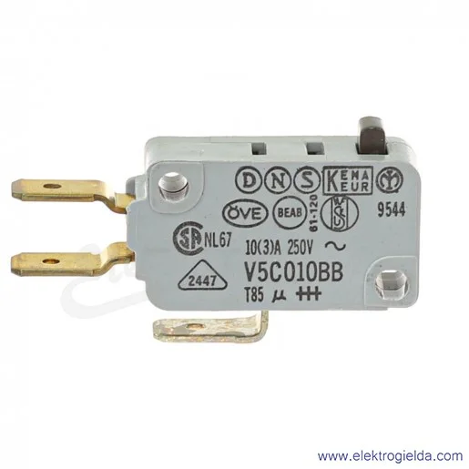 Mikrołacznik krańcowy V5C010BB bez dźwigni, 1NO1NC, 250VAC 10A Mikrołacznik krańcowy V5C010BB bez dźwigni, 1NO1NC, 250VAC 10A