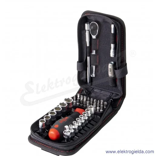 Zestaw kluczy 44684, nasadowych i bitów, grzechotka 1/4" + wkrętak, 40 elementów z torbą na pasek Zestaw kluczy 44684, nasadowych i bitów, grzechotka 1/4" + wkrętak, 40 elementów z torbą na pasek