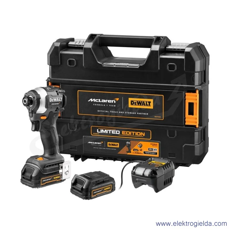 Akumulatorowa zakrętarka udarowa 206,2 Nm, 3 biegi, 2x18V, 1,7Ah, McLaren, 1/4 HEX, DCF85ME2GT-QW Akumulatorowa zakrętarka udarowa 206,2 Nm, 3 biegi, 2x18V, 1,7Ah, McLaren, 1/4 HEX, DCF85ME2GT-QW