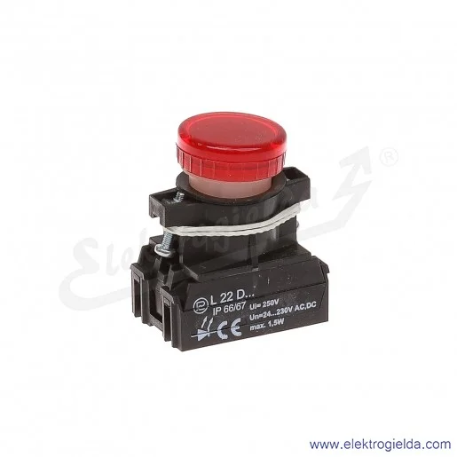 Lampka sygnalizacyjna L22 Dc 24-230V AC/DC czerwona klosz płaski Lampka sygnalizacyjna L22 Dc 24-230V AC/DC czerwona klosz płaski