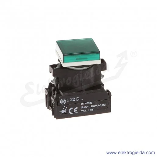 Lampka sygnalizacyjna L22 KDz 24-230V AC/DC zielona klosz kwadratowy płaski Lampka sygnalizacyjna L22 KDz 24-230V AC/DC zielona klosz kwadratowy płaski
