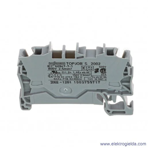 Złączka przelotowa 280-901 2,5mm 2P szara na szynę TS-35 Złączka przelotowa 280-901 2,5mm 2P szara na szynę TS-35