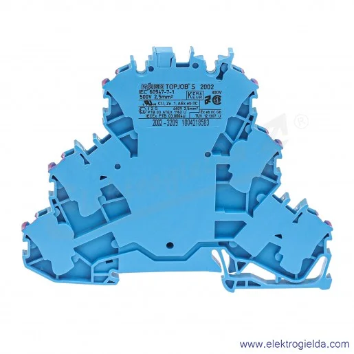 Złączka przelotowa 2002-3209 2,5mm2 niebieska 6-przewodowa trzypiętrowa z mostkowaniem wewnętrznym Złączka przelotowa 2002-3209 2,5mm2 niebieska 6-przewodowa trzypiętrowa z mostkowaniem wewnętrznym