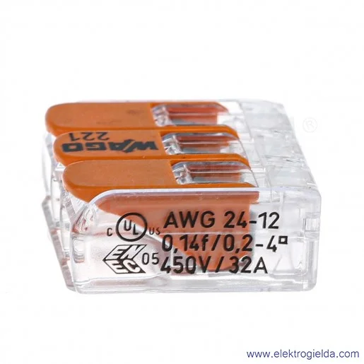 Złączka instalacyjna 221-413 221-413 3x4mm2 (0.14-4mm2) uniwersalna z dźwignią Złączka instalacyjna 221-413 221-413 3x4mm2 (0.14-4mm2) uniwersalna z dźwignią