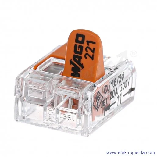 Złączka instalacyjna 221-412 2x4mm2 (0.14-4mm2) uniwersalna z dźwignią Złączka instalacyjna 221-412 2x4mm2 (0.14-4mm2) uniwersalna z dźwignią