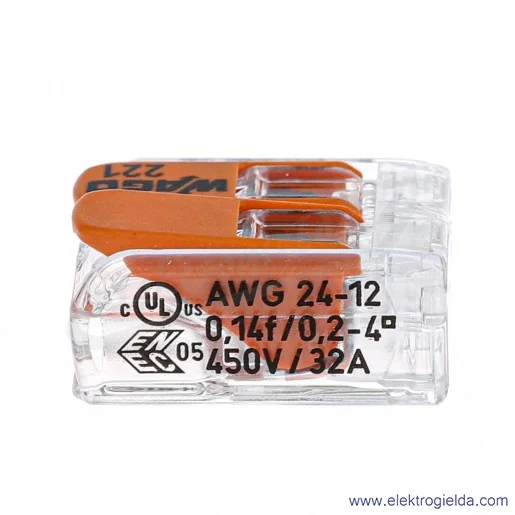 Złączka instalacyjna 221-412 2x4mm2 (0.14-4mm2) uniwersalna z dźwignią Złączka instalacyjna 221-412 2x4mm2 (0.14-4mm2) uniwersalna z dźwignią