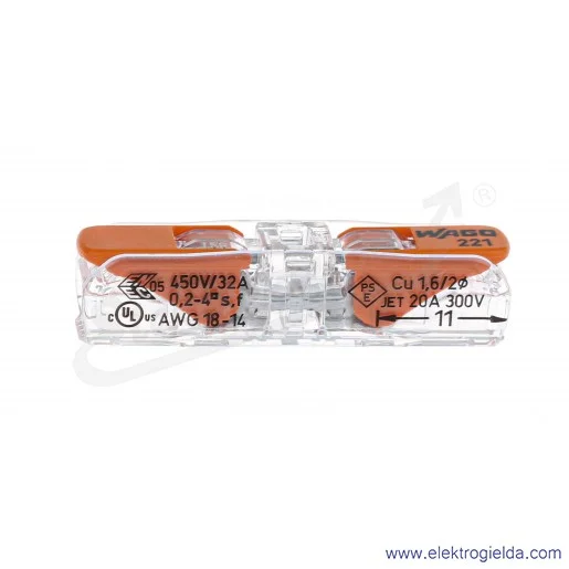 Złączka instalacyjna 221-2411 1x2,5mm2 (0.2-2,5mm2) przelotowa uniwersalna Złączka instalacyjna 221-2411 1x2,5mm2 (0.2-2,5mm2) przelotowa uniwersalna